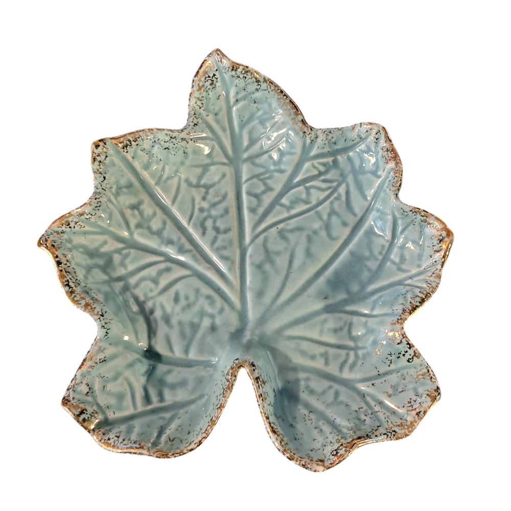 Vintage California Pottery Leaf Trinket Dish Aqua Gold Edges USA